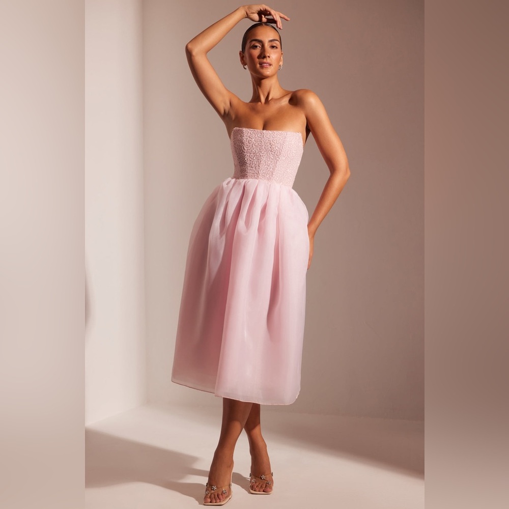 NWT Oh Polly Rosette Embellished Corset Tulle Skirt Midi Dress in Blush